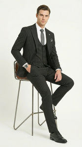 Men’s Black Pinstripe 3 Piece Suit – Vested Formal Business Suit for Wedding, Office, Prom and Party Wear