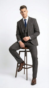 Vitali Men’s Brown Grey with blue Check 3 Piece Suit – Classic Plaid Formal Suit Set with Blazer, Vest & Trousers, Business Wedding Party Wear for Men Modern Fit