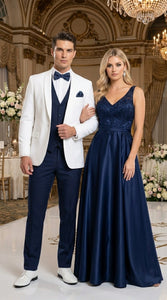 Men’s White and Navy blue tuxedo  3 Piece Suit – Classic White Blazer with Navy Vest and Pants for Wedding, Party + Bowtie