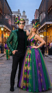 Mens Emerald Green Mardi Gras Blazer with Black Satin Lapel – Paisley Swirl Pattern Formal Party Jacket