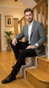 Men’s Grey Harris Tweed Blazer Jacket, Classic Herringbone Wool Sport Coat for Business Casual