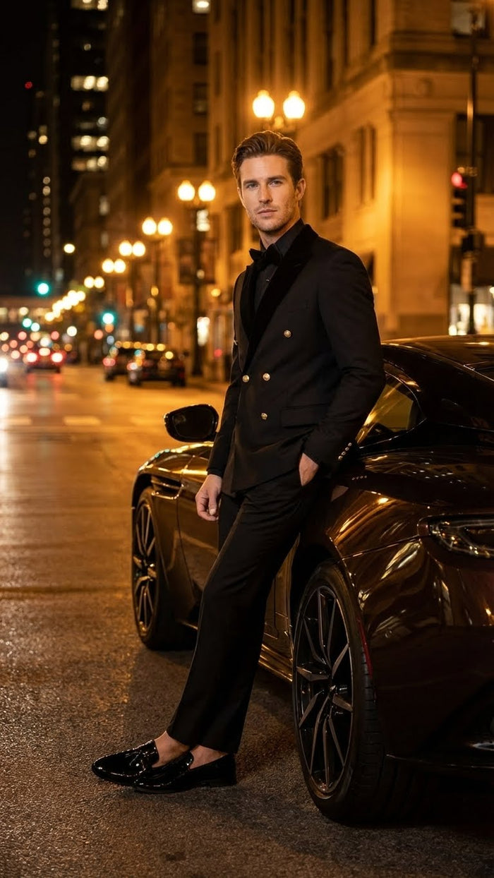 Men’s Black Double Breasted Tuxedo Suit – Luxury Formal Dinner Jacket Gold Buttons Velvet Lapel