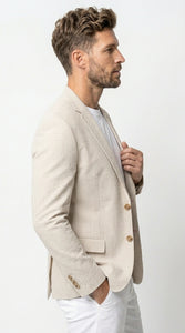 Men’s Beige Seersucker Summer Blazer, Lightweight Striped Sport Coat for Weddings, Parties, Beach Events in Tan Color