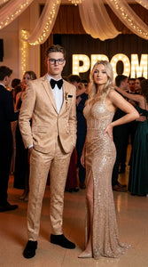 Men’s Champagne Gold Paisley Prom Tuxedo, Formal Dinner Suit for Prom, Weddings, Parties in Tan Color