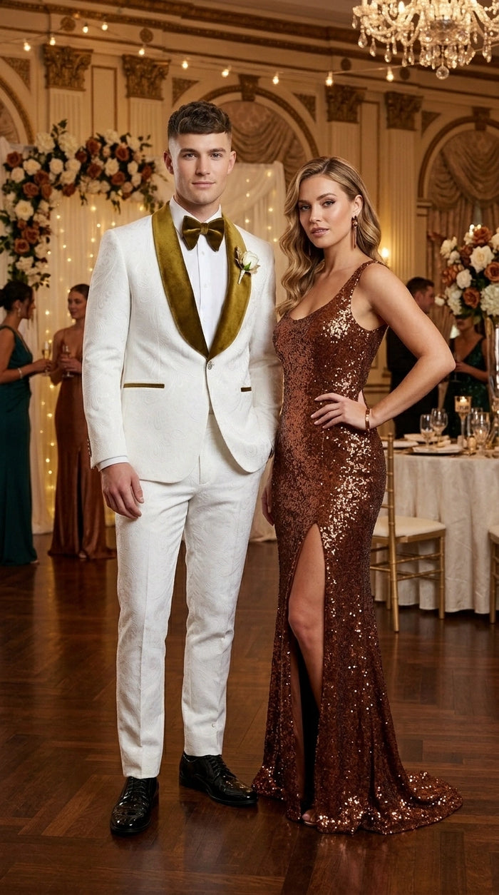 Men’s White Paisley 3 Piece With Vest Prom Tuxedo with Gold Velvet Shawl Lapel, Formal Wedding Suit Set
