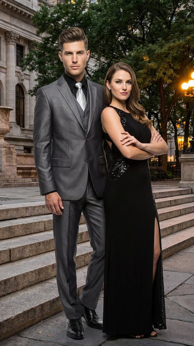 Mens Charcoal Gray Suit With Sheen - | Shiny Texture Fabric Three Piec ...