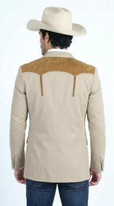 Men’s Khaki Western Blazer with Suede Yokes, Cowboy Sport Coat , Ranch and Country Events in Tan Khaki Color By Platini