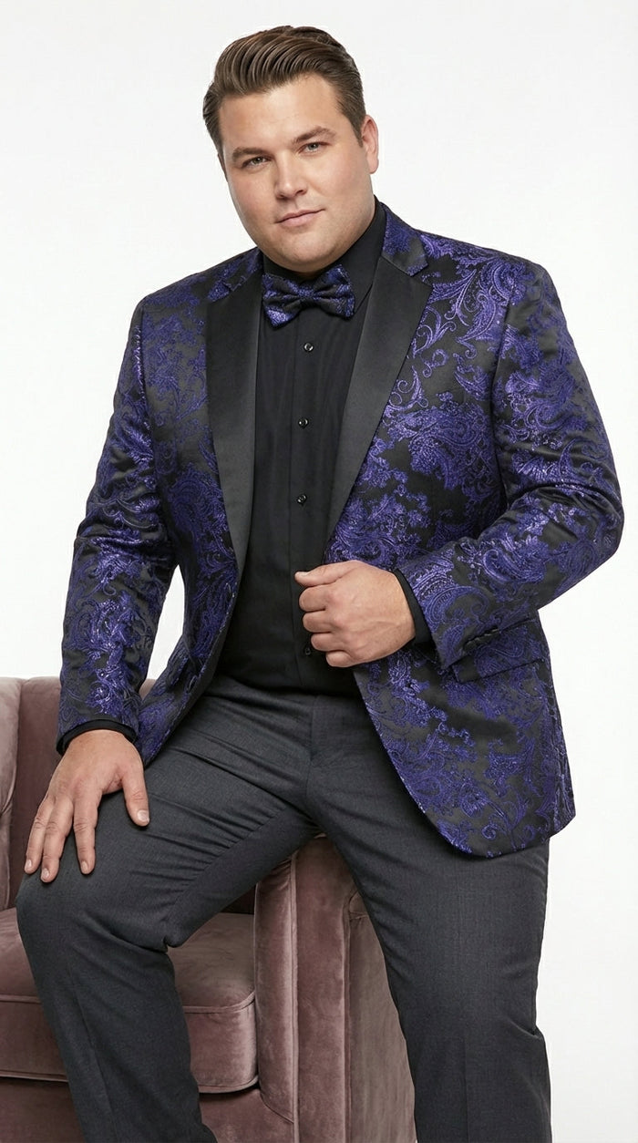 Mens Royal Blue Paisley Jacquard Blazer – Luxury Pattern Tuxedo Dinner Jacket with Black Satin Lapel for Wedding, Prom With Bowtie