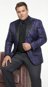 Mens Royal Blue Paisley Jacquard Blazer – Luxury Pattern Tuxedo Dinner Jacket with Black Satin Lapel for Wedding, Prom With Bowtie