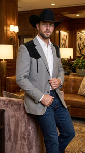 Men’s Grey Western Blazer with Black Suede Yoke – Cowboy Sport Coat for Rodeo, Country Wedding & Ranch Wear