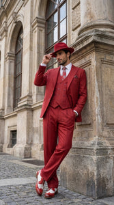 Men’s Red & White Pinstripe 3-Piece Suit by Mazari – Peak Lapel Classic Fit Gangster Suit with Pleated Pants