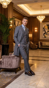Men’s Grey 4-Button Zoot Suit – Four Buttons 3-Piece Fashion Suit with Double-Breasted Vest and Pleated Pants