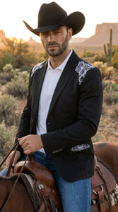 Men’s Black & White Western Blazer – Cowboy Sport Coat with Embroidered Shoulder & Back Design