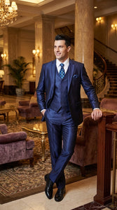 Men's Shiny Navy Blue Sateen 3-Piece Suit – Elegant Wedding, Prom Dress Suit with Matching Vest and Pants Slim Fitted