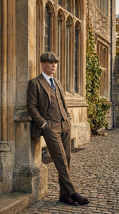 Men's Thomas Shelby Brown Tweed Herringbone 3-Piece Suit – Peaky Blinders 1920s Vintage-Style Suit with Matching Vest & Trousers