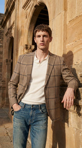 Men’s Tan Beige Peaky Blinders Glen Plaid Blazer English Style Textured Wool Winter Sport Coat Checkered Windowpane