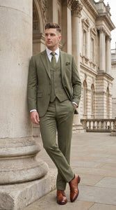 Men’s Olive Green Tone-on-Tone Shadow Pinstripe  3 Piece Suit – Modern Formal Suit with Vest Shadow Stripe