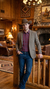 Men’s Light Brown Western Blazer – Textured Tweed Herringbone Cowboy Sport Coat for Rodeo, Country Taupe Dark Tan Color Wool Fabric
