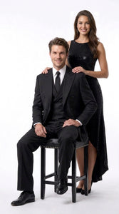 Tiglio Rosso Men’s Black Super 150’s Italian Wool 3-Piece Suit – Double-Breasted Jacket, Vest and Wide-Leg Pleated Pants