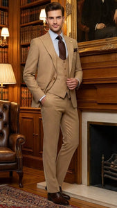 Men's Tan Three-Piece Suit with Vest – Classic Tailored Fit  in camel khaki Bronze color By Rossiman