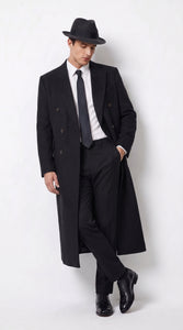 Men’s Godfather Black Double-Breasted Long Overcoat – Vintage Mobster Gangster Coat