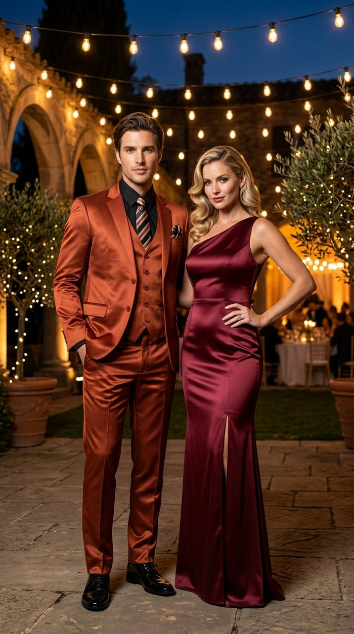 Men’s Rust Copper Coganc Shiny Sateen 3 Piece Suit, Vested Formal Wedding Prom Suit Set Ultra Slim Fit