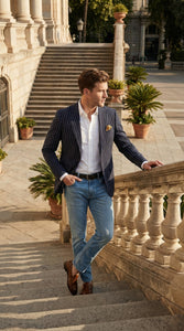 Mens Navy Blue Pinstripe Blazer – Classic Tailored Formal Jacket for Business, Office and Smart Casual Wear