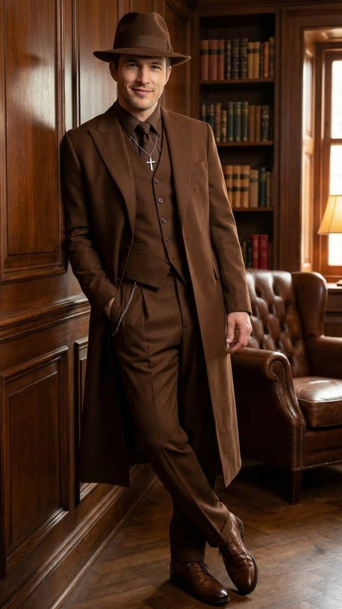 Men’s Brown 1920s Zoot Suit – Long Gangster Mafia Suit Vintage Three-Piece Costume Set Pachuco Style