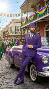 Men’s Purple Pinstripe Mardi Gras Suit | Classic Double Breasted Formal Carnival Suit
