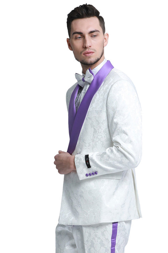 "Paisley Men's Slim Fit Double Breasted Smoking Jacket - White & Purple Wedding Tuxedo"