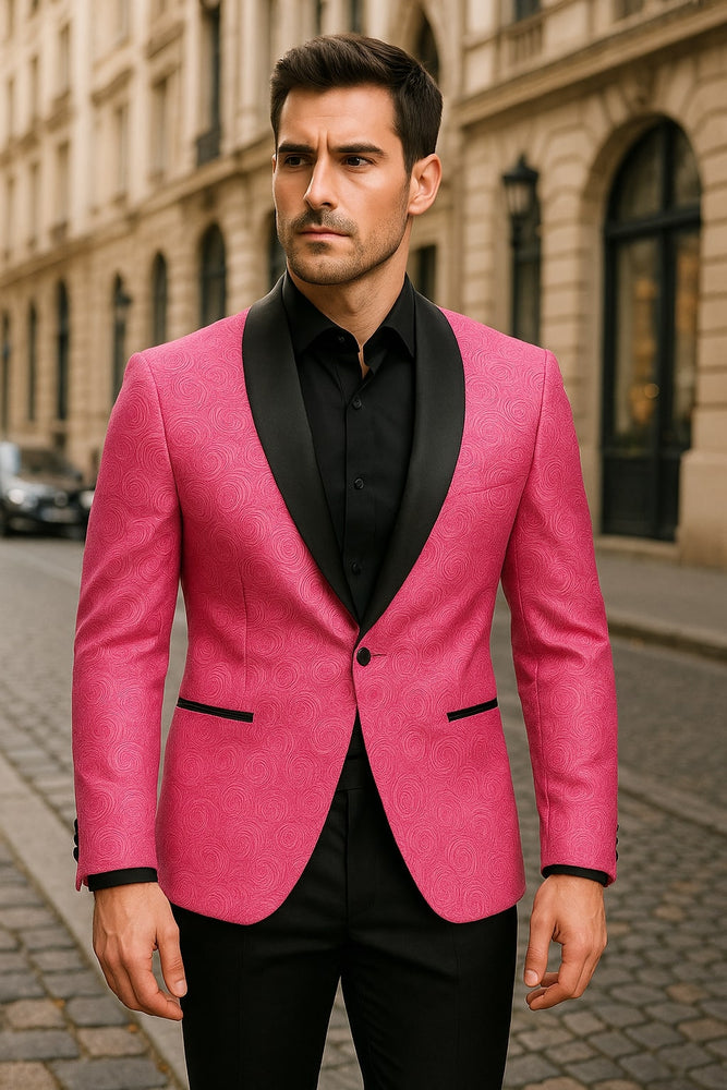 Men’s Hot Pink Tuxedo Suit With Black Pants Paisley Patter with Black Shawl Lapel - Fuchsia Color Prom Suit