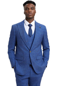 Men's Stacy Adams Peak Lapel Suit with Double Breasted Vest in Blue Windowpane Plaid