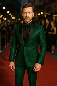 Men's Emerald Green Shiny Tuxedo with Black Satin Lapel and Matching Bow Tie – Ultra Slim Fit