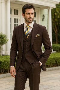 Super 150s Merino Wool Brown Vested Suit with Wide Peak Lapel