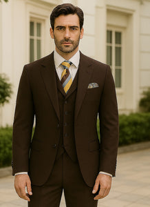 Super 150s Merino Wool Brown Vested Suit with Wide Peak Lapel