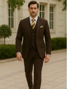 Super 150s Merino Wool Brown Vested Suit with Wide Peak Lapel