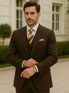 Super 150s Merino Wool Brown Vested Suit with Wide Peak Lapel