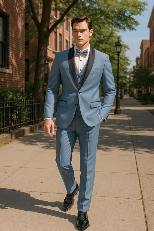 Dusty Blue Suit Color Tuxedo Shawl Collar Vested 3PC Mens Suit Slim Fit Jacket + Pants + Vest