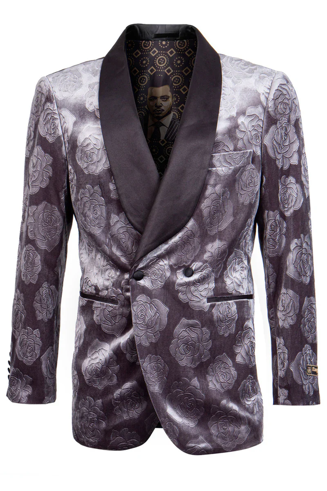 Designer Gray Prom Tuxedo - Grey Wedding Tuxedo Floral Jacket