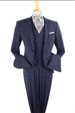 Mens Vested 1920's Wide Bold Gangster Pinstripe Suit in Navy Blue