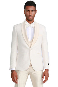 Ivory  Prom Tuxedo Suit - Ivory Wedding Suit - Men's One Button Vested Paisley Prom & Wedding Tuxedo With Satin Vest And Pants