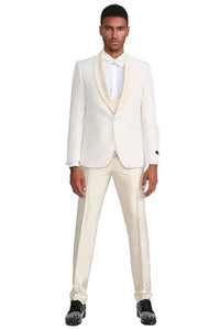 Ivory  Prom Tuxedo Suit - Ivory Wedding Suit - Men's One Button Vested Paisley Prom & Wedding Tuxedo With Satin Vest And Pants