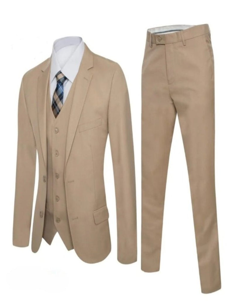 Men's Beige Solid Suit 3 piece Slim Fit