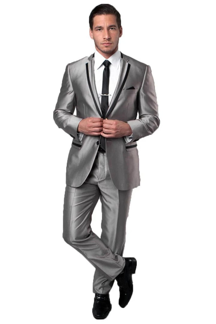 Grey/Black Prom Tuxedo Suit - Grey/Black  Wedding Suit - Men's Two Button Slim Fit Wedding & Prom Tuxedo Suit In Shiny Silver Sharkskin With Black Piping