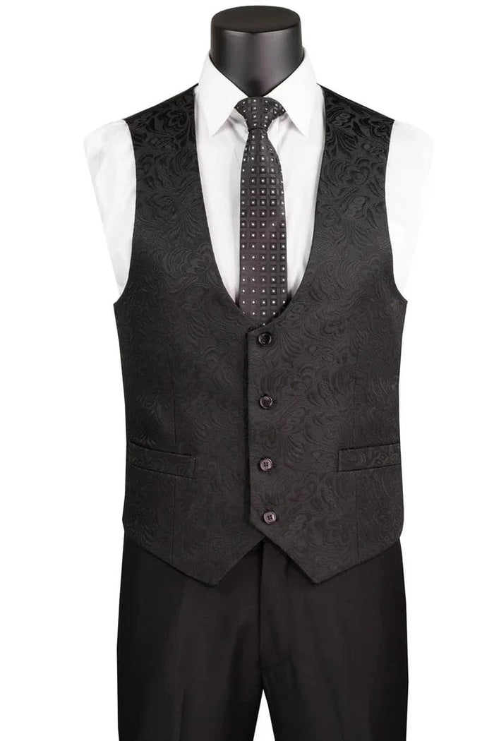 Black  Prom Tuxedo Suit - Black Wedding Suit - Men's Slim Fit Vested Paisley Wedding Tuxedo