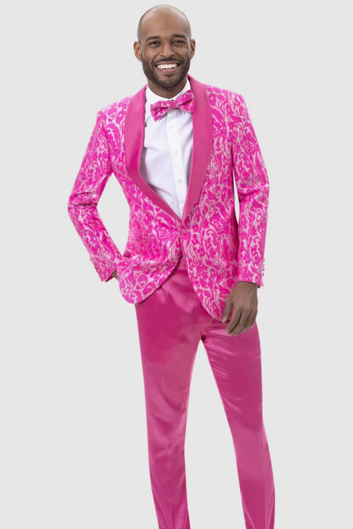 Pink  Prom Tuxedo Suit - Pink  Wedding Suit - Mens Slim Fit Two Piece Brocade Paisely Prom Tuxedo