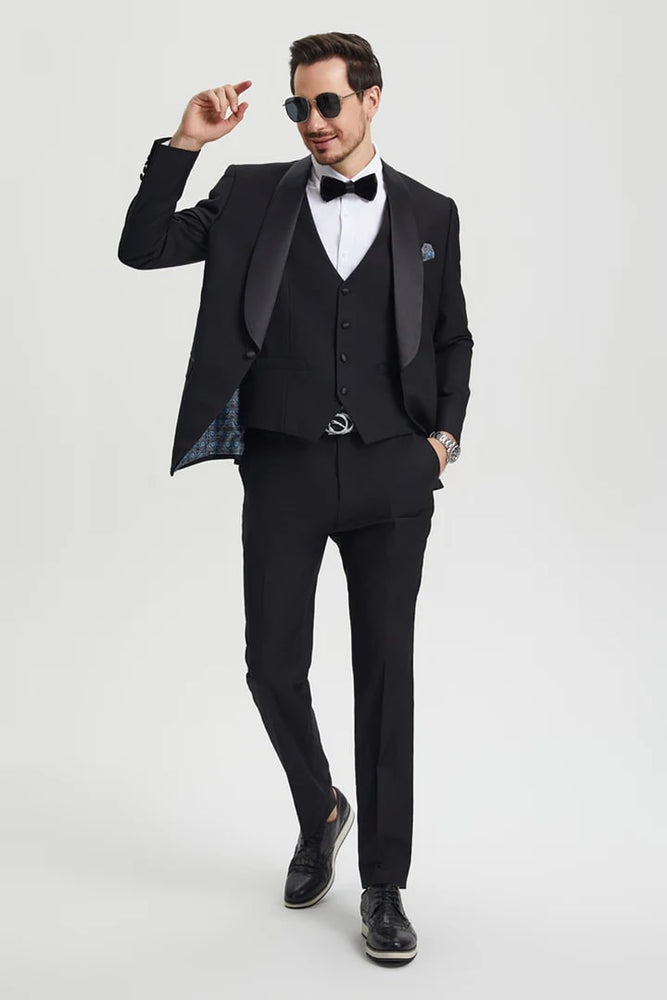 Black  Prom Tuxedo Suit - Black  Wedding Suit - Men's Stacy Adams Vested One Button Shawl Lapel Designer Tuxedo