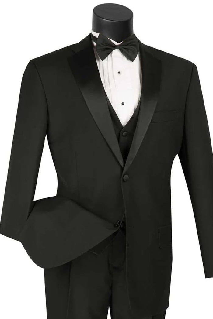 Black  Prom Tuxedo Suit - Black Wedding Suit - Mens Two Button Vested Tuxedo Package