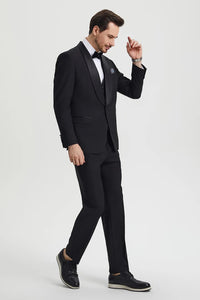 Black  Prom Tuxedo Suit - Black  Wedding Suit - Men's Stacy Adams Vested One Button Shawl Lapel Designer Tuxedo