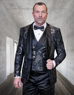 Statement Men's Black Floral Patterned Vested Tuxedo with Bowtie - Men's Tuxedo USA